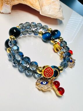 Gold and Blue Beaded Bracelet with Evil Eye Butterfly Charm
